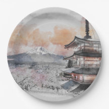 Platos de papel de pagoda japonesa y Monte Fuji ac