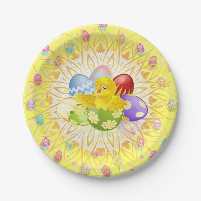 Platos de papel de pollito amarillo de Pascua (Anverso)