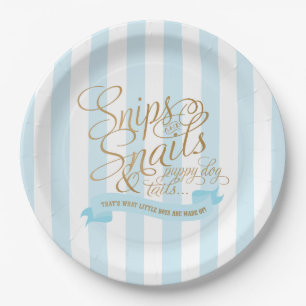 Platos de papel de rayas azules bebé Snips y Carac