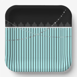 Platos de papel de rayas azules y negras