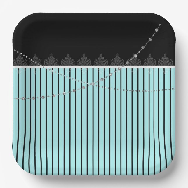 Platos de papel de rayas azules y negras (Anverso)