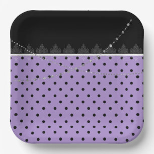 Platos de papel de rayas moradas y negras