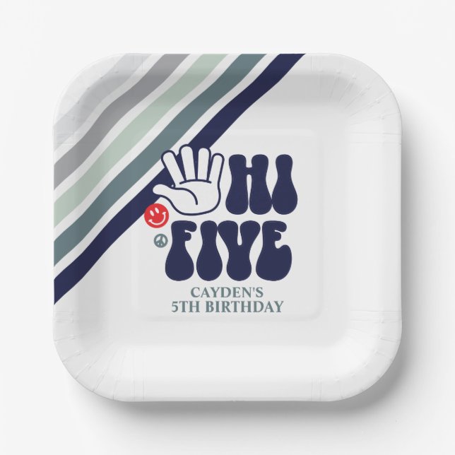 Platos de papel de rayas retro HI FIVE (Anverso)