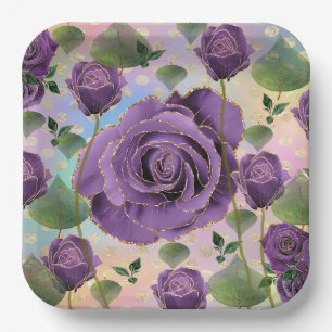 Platos de papel de rosa púrpura con borde de oro f