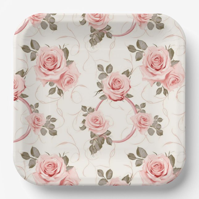 Platos de papel de rosas rosadas sonrojadas (Anverso)