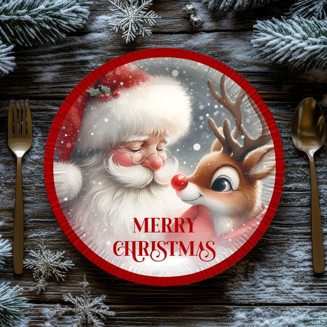 Platos de papel de Santa y Rudolph para Navidad li (Cute Christmas Santa and Rudolph Paper Plates)