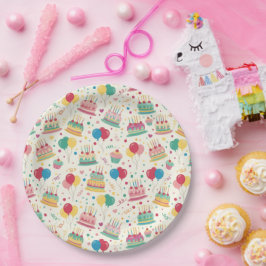 Platos de papel de tartas de cumpleaños y globos c