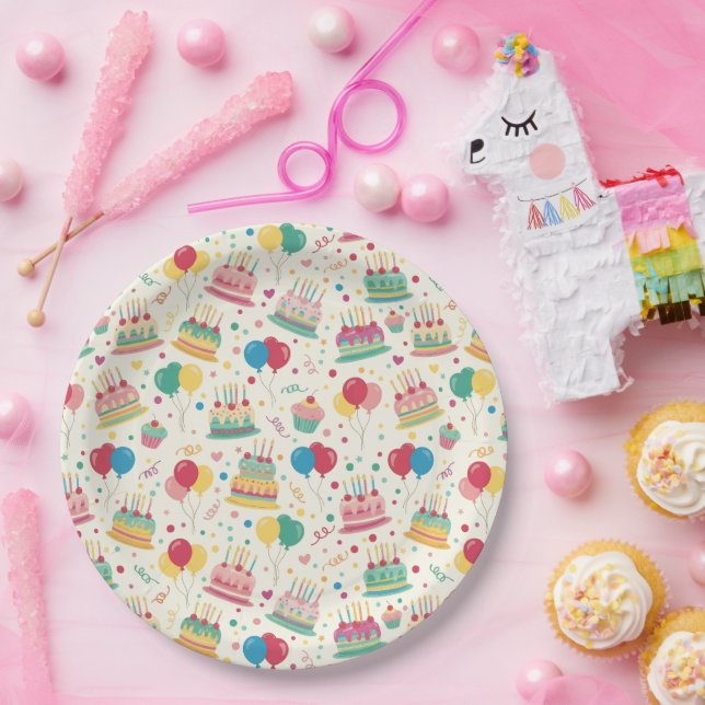Platos de papel de tartas de cumpleaños y globos c (Fiesta)