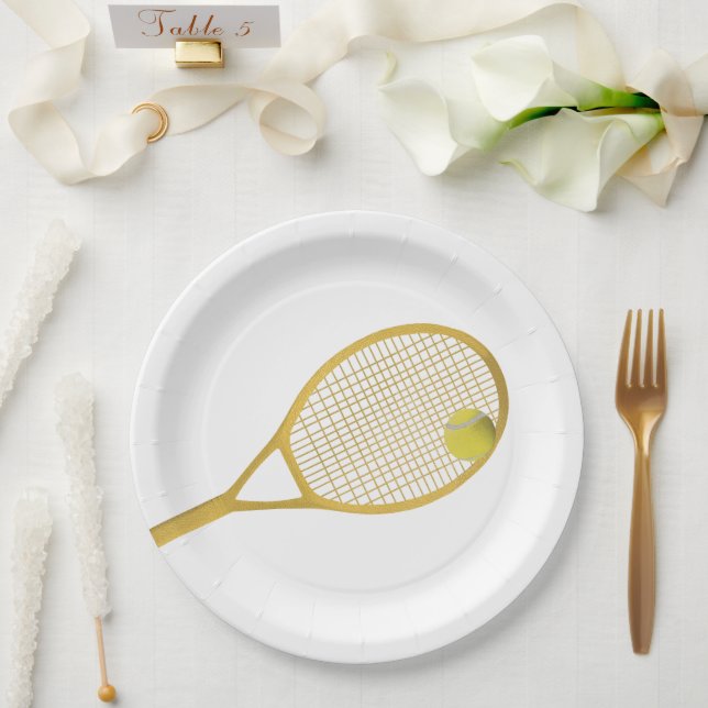 Platos de papel de tenis elegantes dorados y blanc (Boda)
