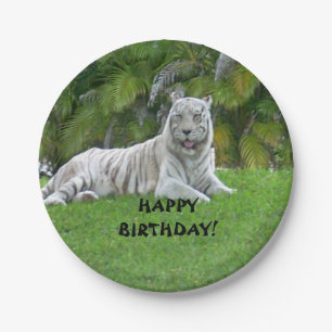 Platos de papel de tigre blanco sonriente y palmer