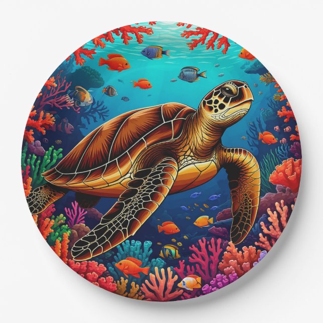 Platos de papel de tortuga marina arrecife de cora (Anverso)