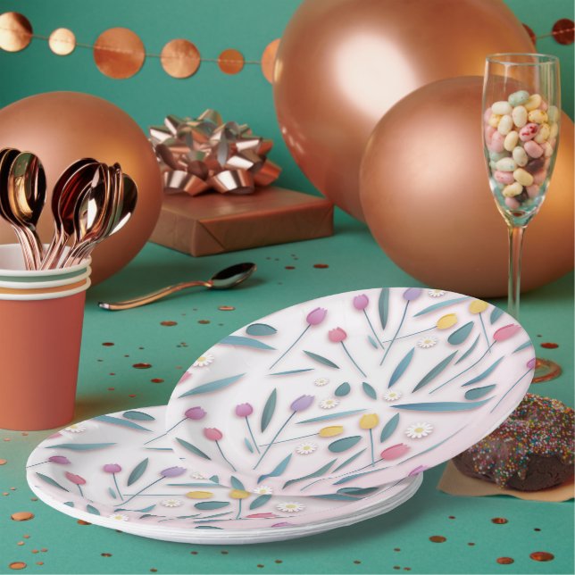 Platos de papel de tulipanes y margaritas de prima (Multi)