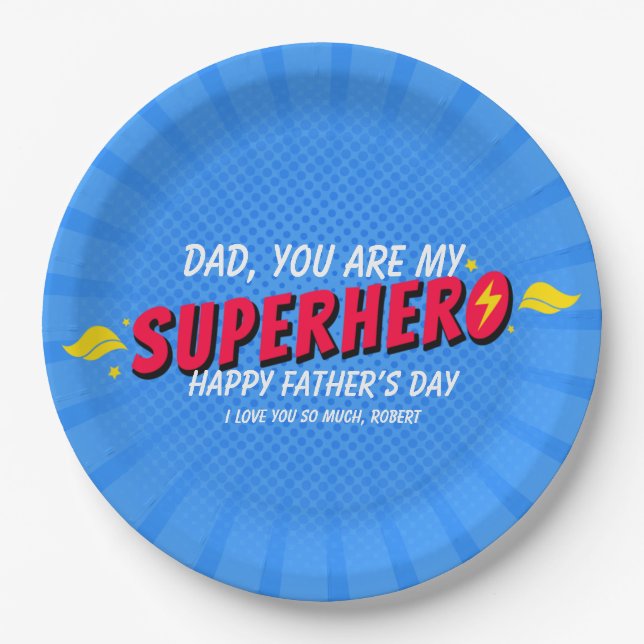 Platos de papel del Día del Padre con superhéroe d (Anverso)