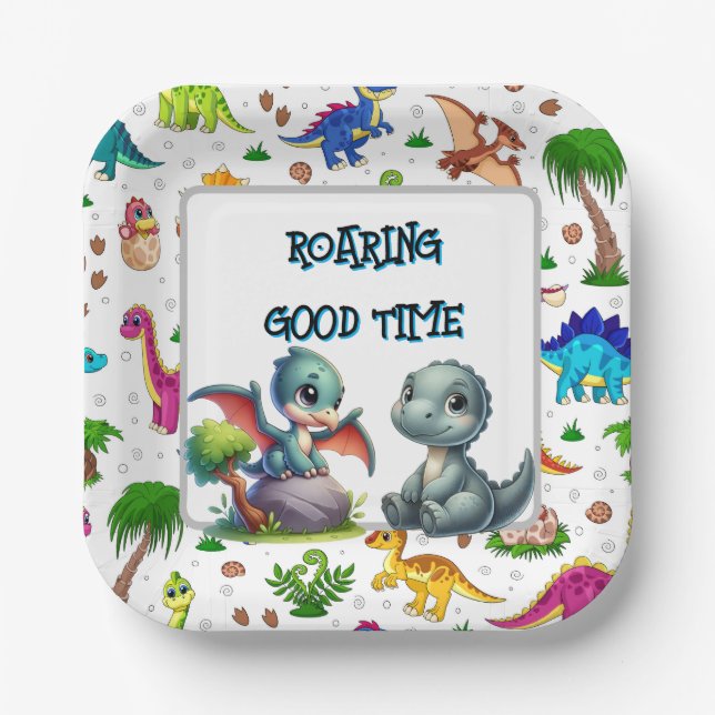 Platos de papel Dino Feliz Cumpleaños (Anverso)