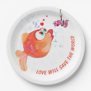 Platos de papel divertidos peces y gusanos amor