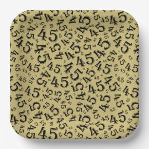 Platos de papel dorados/negros con patrón de númer
