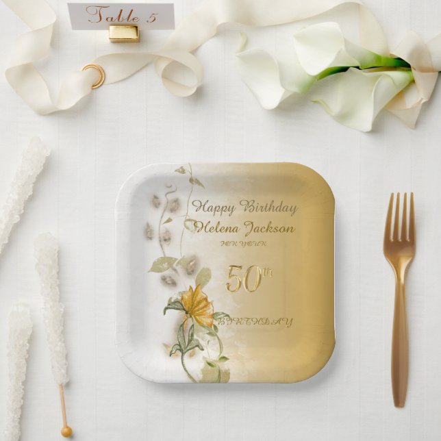 Platos de papel dorados para cumpleaños 50 (Boda)