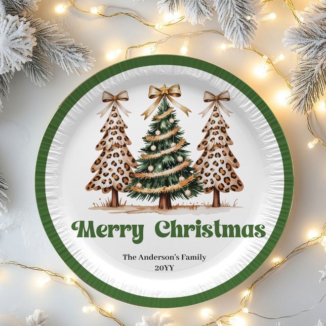 Platos de Papel Editables de Árbol de Navidad con  (Cute Leopard Christmas Tree Editable Paper Plates)