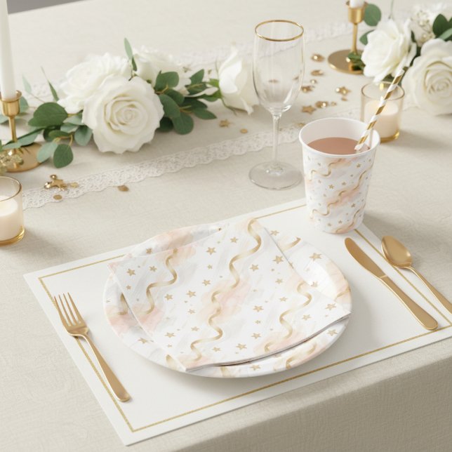 Platos de papel elegantes con estrellas doradas y  (Gold Stars & Blush Watercolor Elegant Tableware)