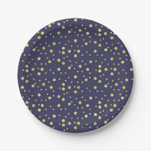 Platos de papel elegantes con lunares dorados y az