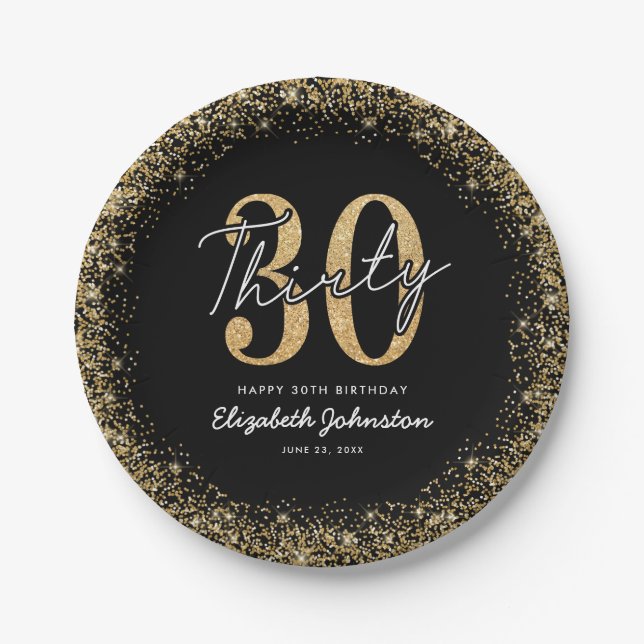 Platos de papel elegantes de cumpleaños 30 negro o (Anverso)