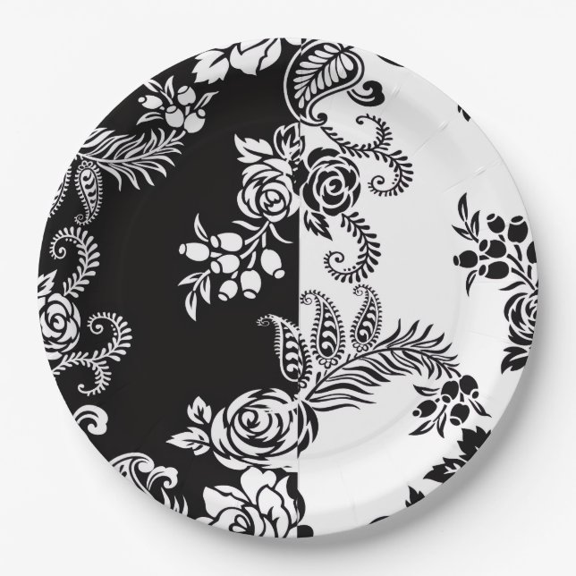 Platos de papel elegantes de flores monocromas par (Anverso)