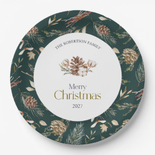 Platos de papel elegantes de invierno con piñas