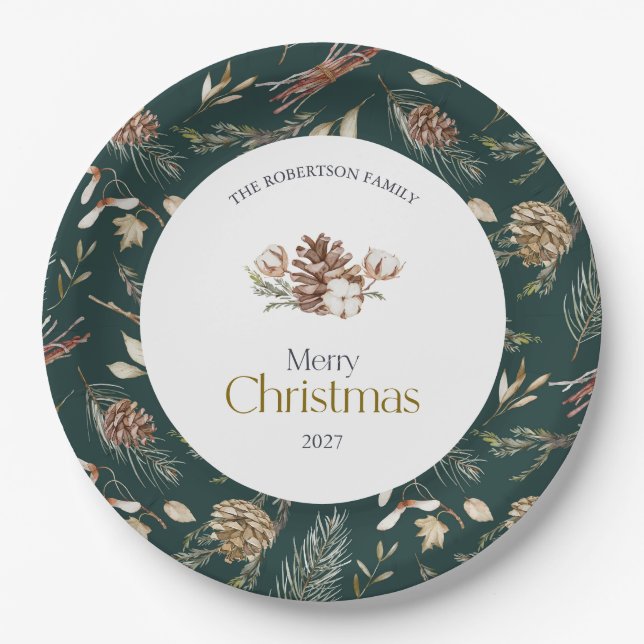 Platos de papel elegantes de invierno con piñas (Anverso)
