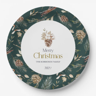 Platos de papel elegantes de invierno con piñas