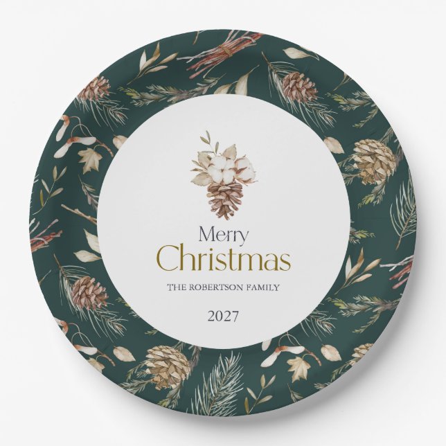 Platos de papel elegantes de invierno con piñas (Anverso)