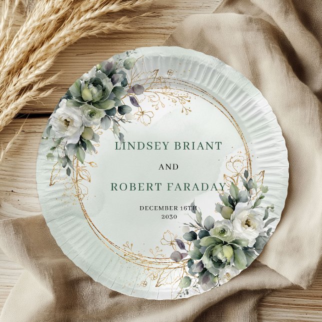 Platos de papel elegantes para boda con eucalipto  (Elegant Watercolor Eucalyptus Wedding Paper Plates)