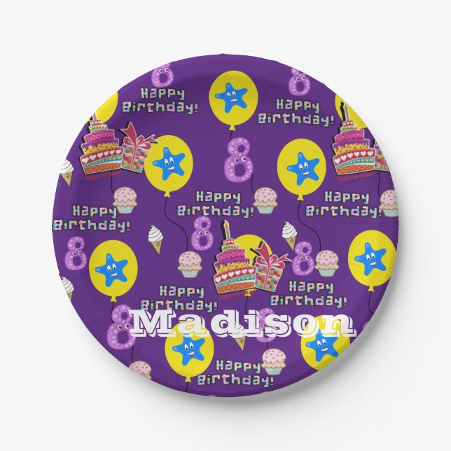 Platos de Papel, Feliz Cumpleaños 8 #Globos de 8 (Anverso)
