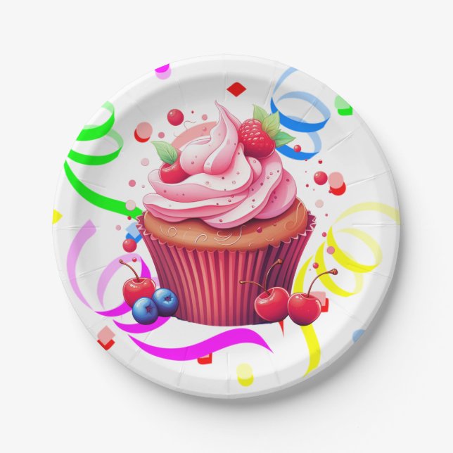 Platos de Papel Feliz Cumpleaños Confeti Cupcake (Anverso)