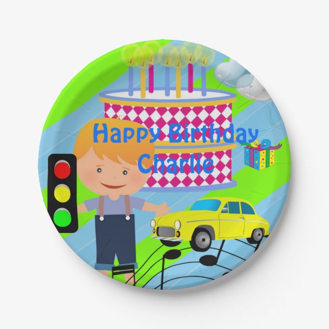 Platos de Papel, Feliz Cumpleaños Pastel Niño del  (Anverso)