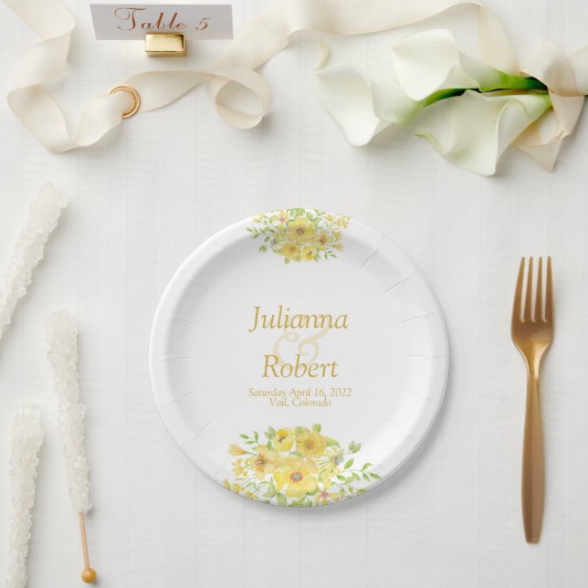Platos de papel floral acuarela amarilla (Boda)