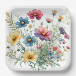 Platos de Papel Floral Azul Rojo Amarillo, Botánic
