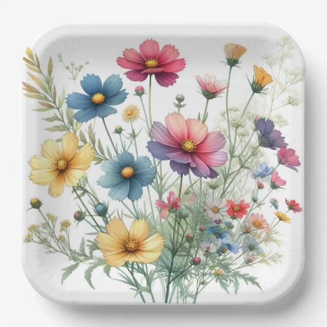 Platos de Papel Floral Azul Rojo Amarillo, Botánic (Anverso)