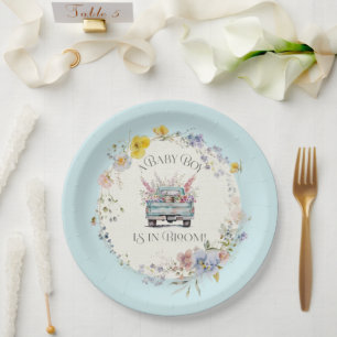 Platos de papel Floral Blue Truck Baby Boy in Bloo