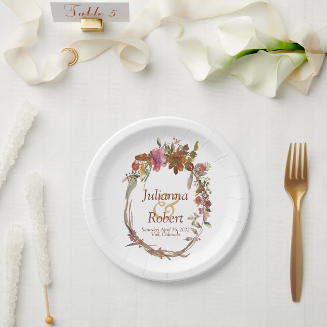 Platos de papel floral boho acuarela (Boda)