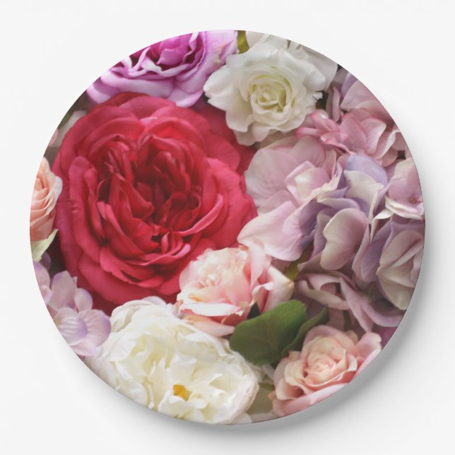 Platos de papel floral con rosas e hydrangeas (Anverso)