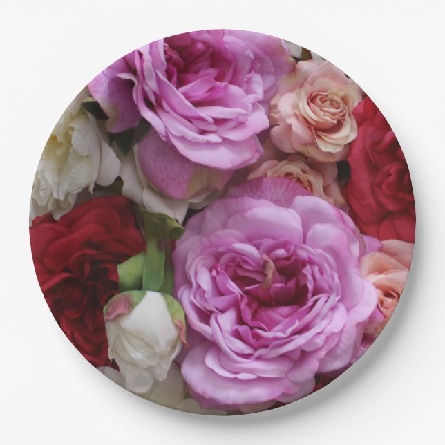 Platos de papel floral con rosas y peonías (Anverso)
