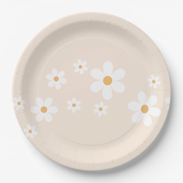 Platos de papel floral crema Retro Daisy (Anverso)