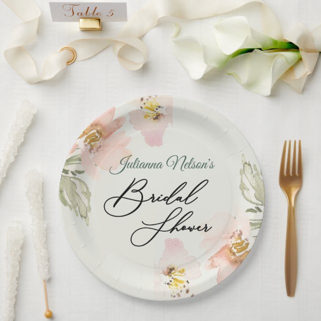Platos de papel floral de acuarela melocotón (Boda)