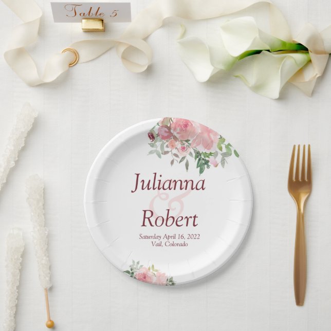Platos de papel floral de acuarela rosa rubor (Boda)