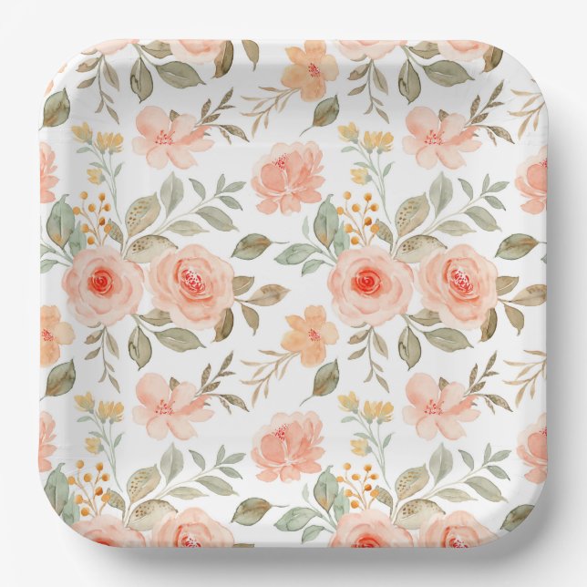 Platos de Papel Floral de Melocotón, Botánico de A (Anverso)
