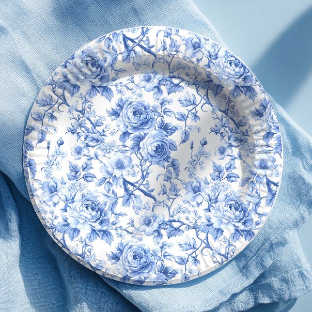 Platos de papel floral de toile francés de rosas a (Navy Blue French Toile Roses Floral Paper Plates)