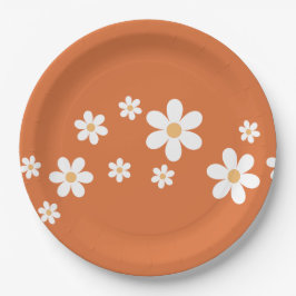 Platos de Papel Floral Naranja Quemado Retro Daisy