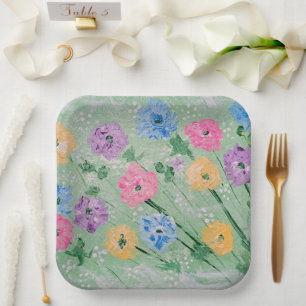 Platos de Papel Floral Pastel Divertido, 9" Cuadra