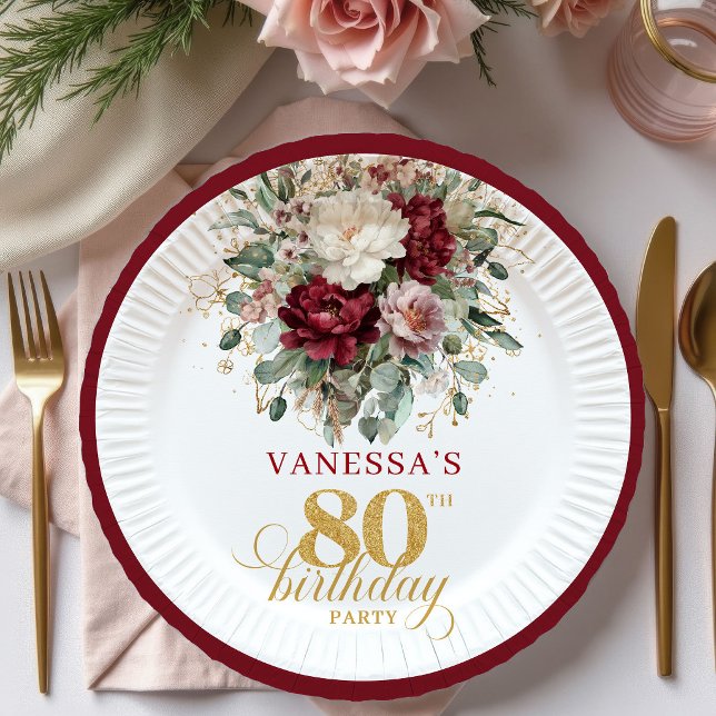 Platos de Papel Floral Rojo Intenso Premium para C (Premium Deep Red Floral 80th Birthday Paper Plates)