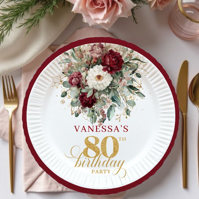 Platos de Papel Floral Rojo Profundo Boho para 80  (Boho Deep Red Floral 80th Birthday Paper Plates)